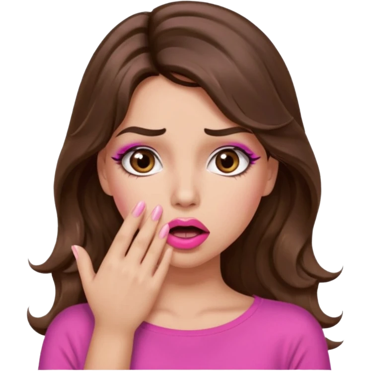 girl with long wavy brown hair, brown eyes, long lashes makeup, sexy pink lips, light to medium complexion, pink sexy top, shocked, hand covering mouth emoji
