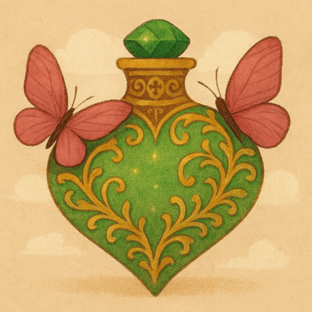 Enhance this bottle with more details and bright golden highlights, make the bottom part rounder, keep the butterflies and overall shape intact. Cartoon style, no rainbow, just an improved design with warm colors. emoji