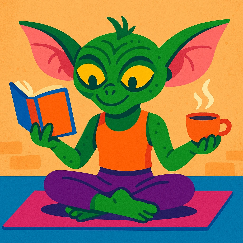 colorful illustration of gremlin practicing yoga, holding tea and reading a book emoji