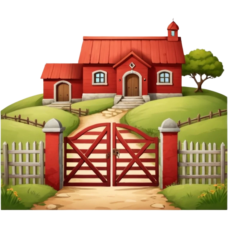 A fenced red house on a small hill with a large entrance gate bearing the inscription “Gosteli Archive,” with a farmhouse in the background. emoji