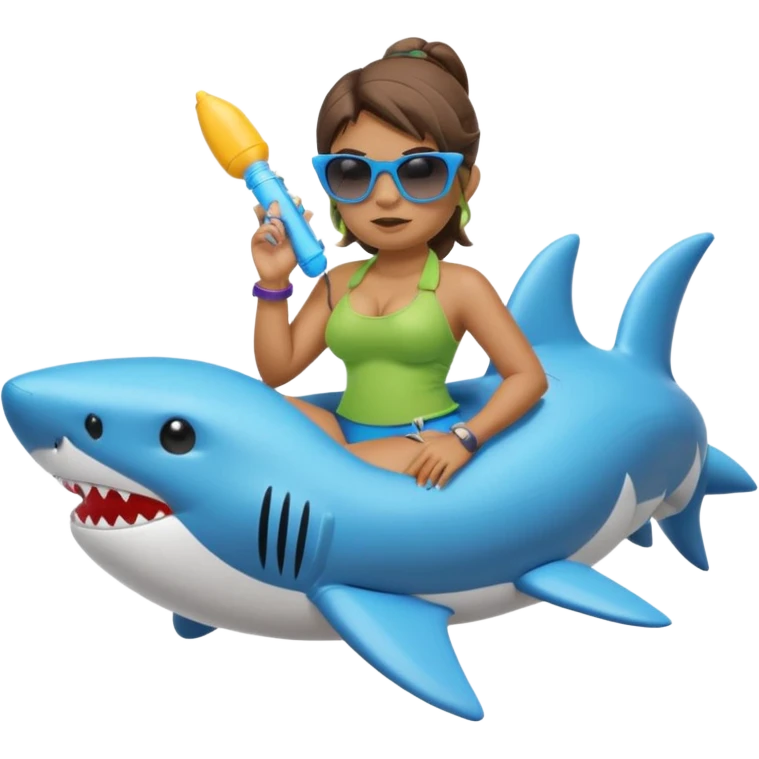 orc female sitting in an inflatable floatie shaped like a shark, wearing oversized sunglasses and a whistle on a neck cord, 2d emoji