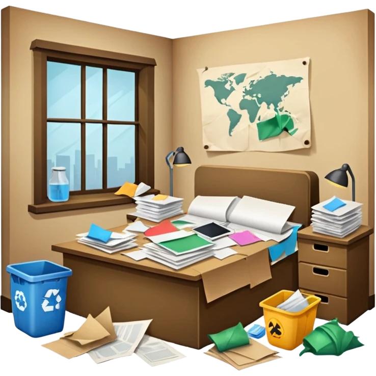 dirty room with papers and trash emoji