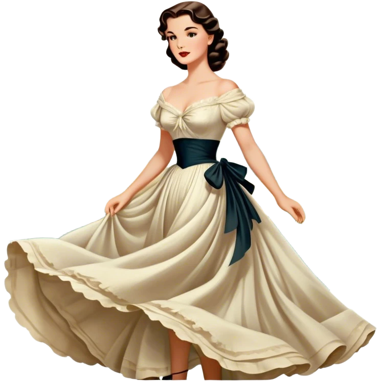 Icon for Romance Movie: A vintage movie poster-style design inspired by Gone with the Wind. Include romantic, sweeping imagery like Scarlett O'Hara in a flowing dress, Rhett Butler, a plantation backdrop, and fluttering wind-blown fabric. Soft, nostalgic cinematic feel. Transparent background. emoji