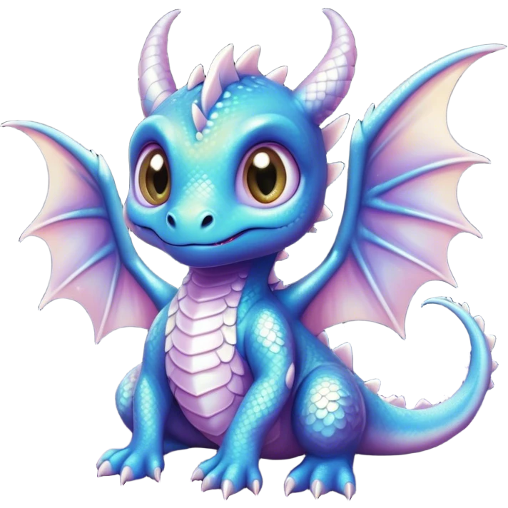 Airbrush painted image of an adorable little baby dragon with large glistening eyes under a deep galactic sky with pearlescent scales and wings spread against the stars emoji