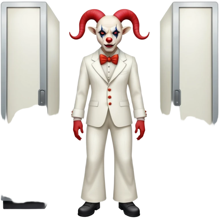 full-body demonic clown in a white leisure suit with bellbottom pants, bald, black ram horns, wearing elevator shoes emoji