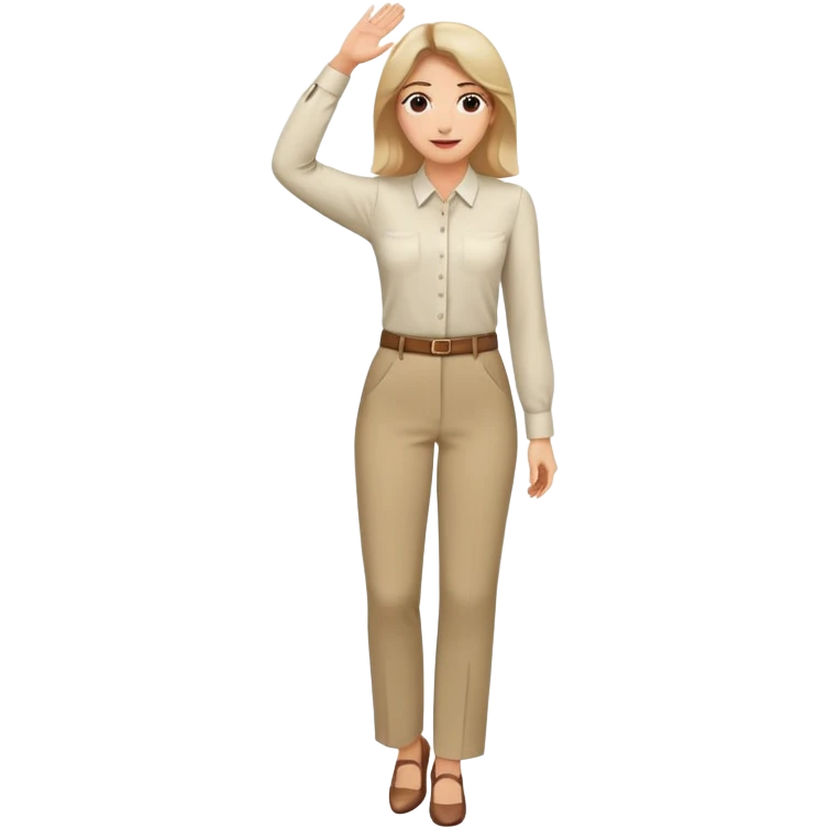 female smart blouse, trousers, shoes. one hand raised above her head emoji