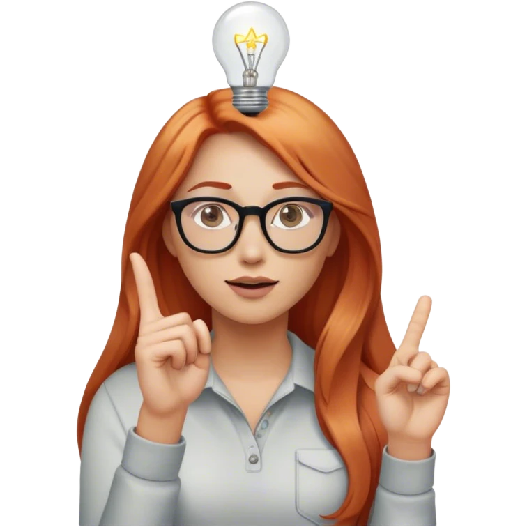 intelligent and clever, 30 year old, girl, long red-blond hair, glasses, has an idea and holds her finger in the air, light bulb over the head, casual cloth  emoji