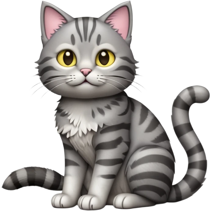 cinematic-[grey tabby cat]-realistic-full-body-sitting-emoji,-tail-curled-playfully-around-its-paws,-head-tilted-dramatically,-scruffy-[grey]-fur,-simplified-yet-realistic-focused-features,-highly-detailed,-glowing-with-an-almost-sarcastic-glow emoji