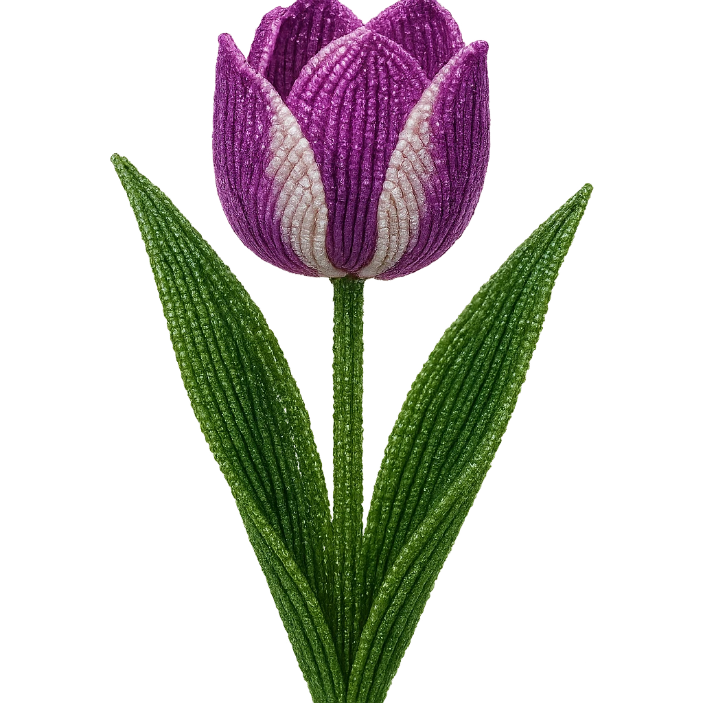 french beaded tulip, beaded flower art, shimmering seed beads, purple and white petals, green leaves, lifelike, no background emoji