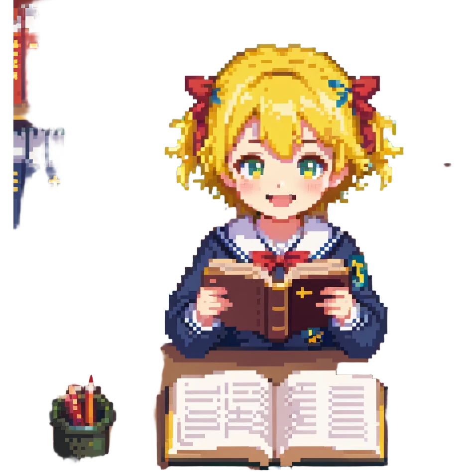 Pixel art anime girl with short bright yellow hair wearing Japanese sailor style school uniform, sitting at desk reading book but with excited smile, energetic studying pose emoji