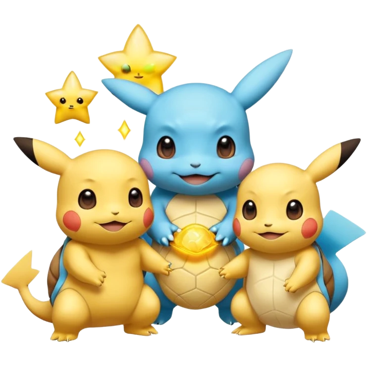  Pikachu has a light to share, but Squirtle has none. Pikachu sees this is unfair, so he shares the light with Squirtle. They smile and eat together. Show this as a cute Pokémon emoji scene about justice and fairness.

 emoji