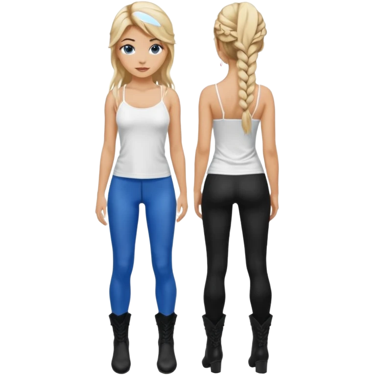 Blonde woman balayage  With highlights long hair half braids women with blue eyes wearing White Spaghetti top and black Leggins and Boots with heels emoji
