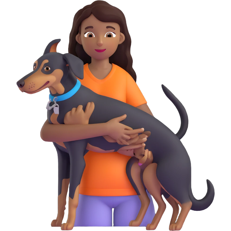 Black girl with long hair holding a Doberman dog emoji