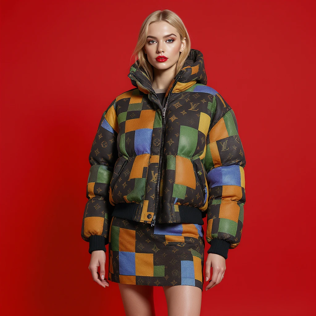 Photo of a woman dress in abstract (black orange green and blue) grid puffer Louis Vuitton jacket, red solid background, express body  emoji