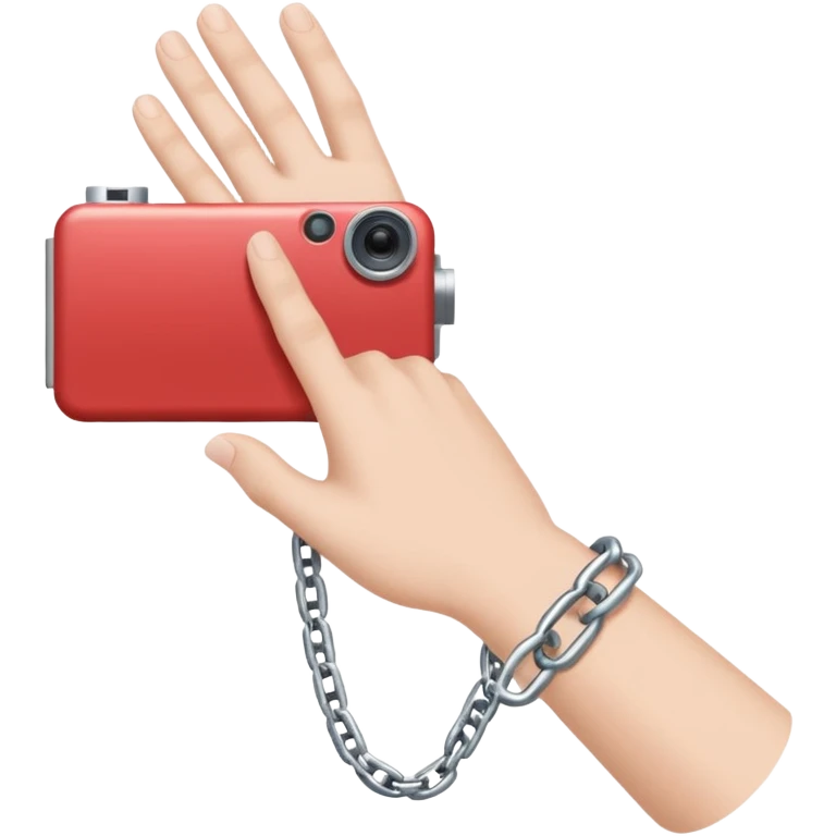 Minimalist emoji-style sticker of a human hand bound by a chain leading to a video camera. Icon-like, clean silhouette, muted tones. emoji