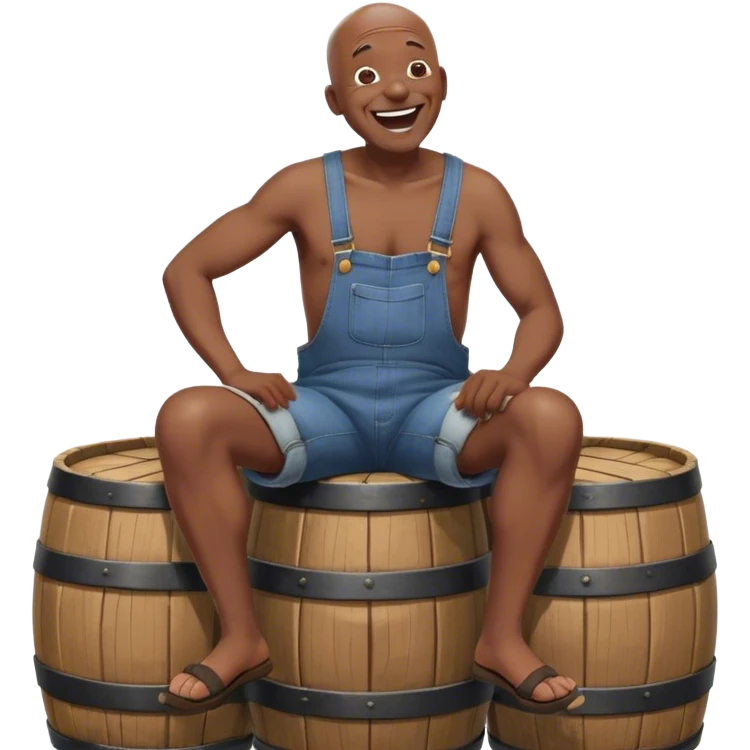 Side view Laughing telling story Old bald black man sitting on top of barrel wearing overalls no shirt emoji