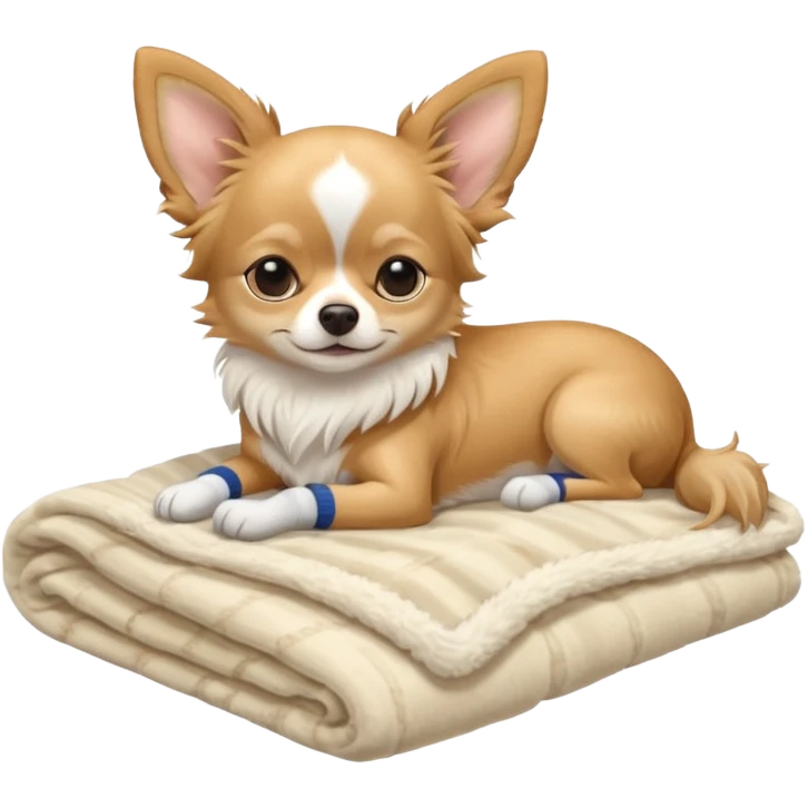 Long haired chihuahua, beige, white chest and socks, sleeping cutely under blanket emoji