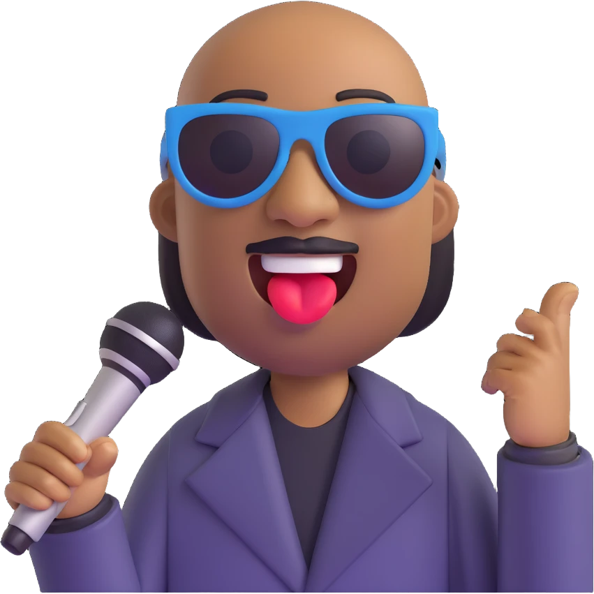 Stevie Wonder emoji, singing with a microphone, sunglasses, joyful expression emoji