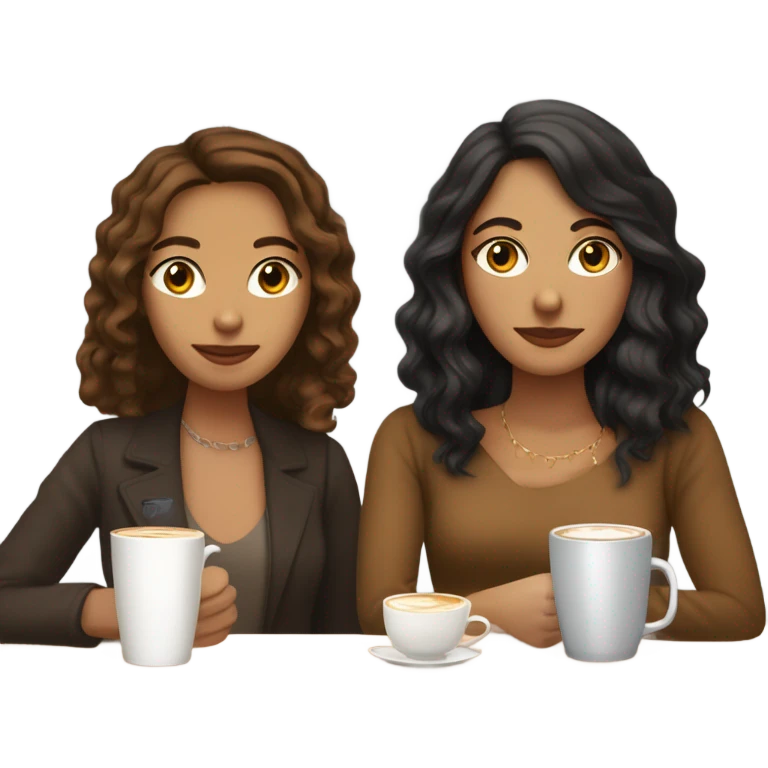 puerto rican woman light skin with shoulder-length, wavy, brown hair drinking latte with Italian florentine woman with black, straight hair drinking espresso at table emoji