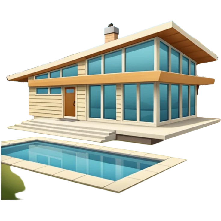 midcentury modern house with 1000 sqft and all windows and a sliding windows on corner. With overhanging shade and slats. emoji