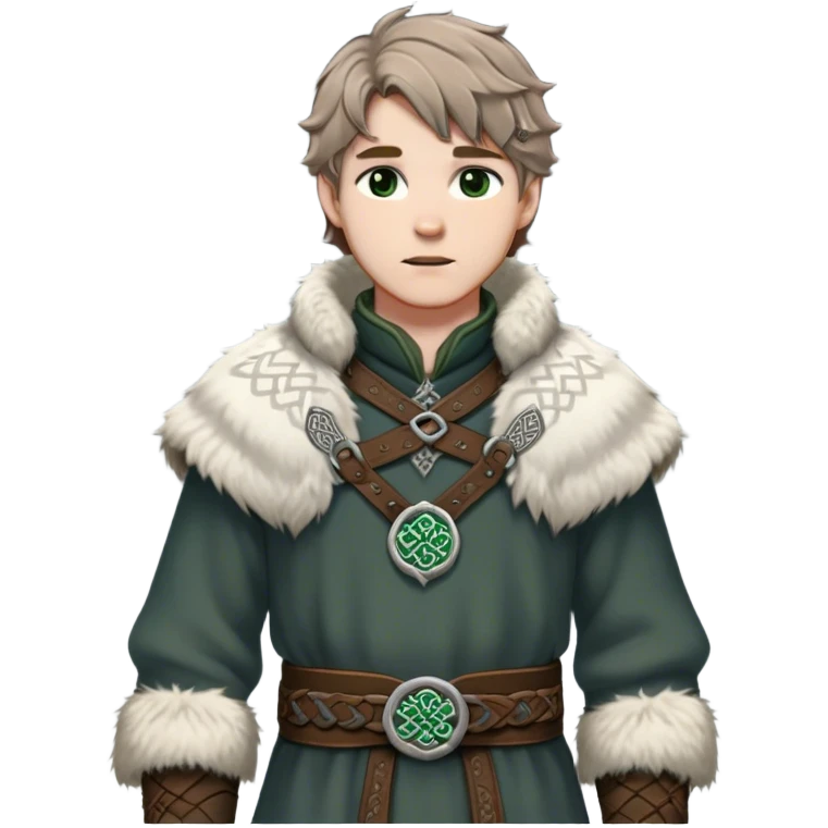Medieval winter outfit worn by a DnD themed fantasy male character. Heavy charcoal wool tunic with arctic wolf fur lining, adorned with intricate iron clasps and a thick leather belt with celtic knotwork. Clothes only above the waist, full waist coverage. The character has no arms. Character is white-skinned with light brown hair, gray-green eyes, and short wavy hair dusted with winter's touch. emoji