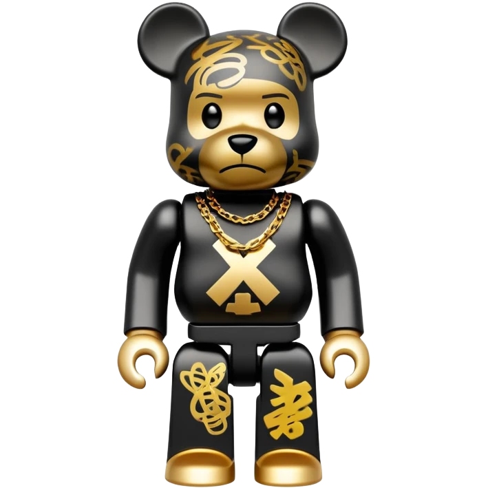 hustler bearbrick toy figure with graffiti print, X symbols instead of eyes, gold chain and money emoji