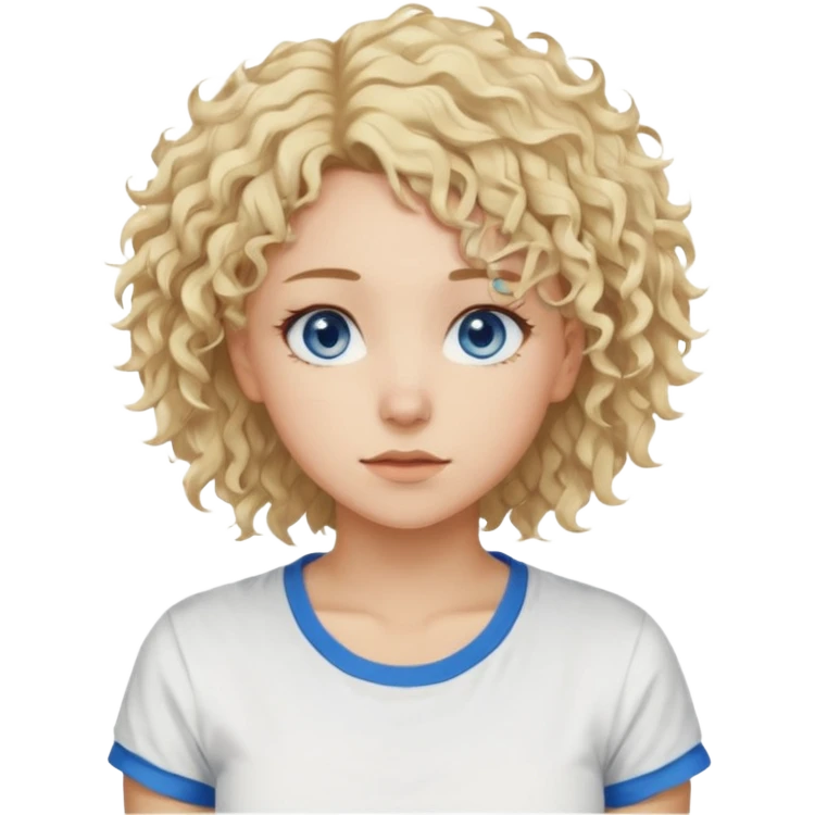 This is a 2D digital anime-style portrait of a female, caucasian, 29 years old light skin. The person has messy stray blond curly hair, round blue eyes.  emoji