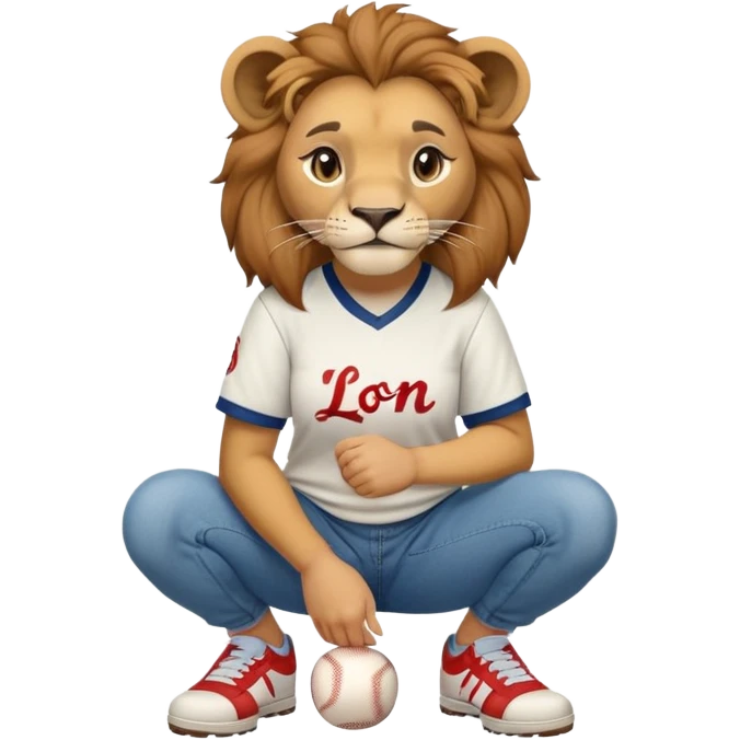 friendly anthropomorphised female lion wearing a baseball shirt, jeans, and trainers, in a squat position, empty hands emoji