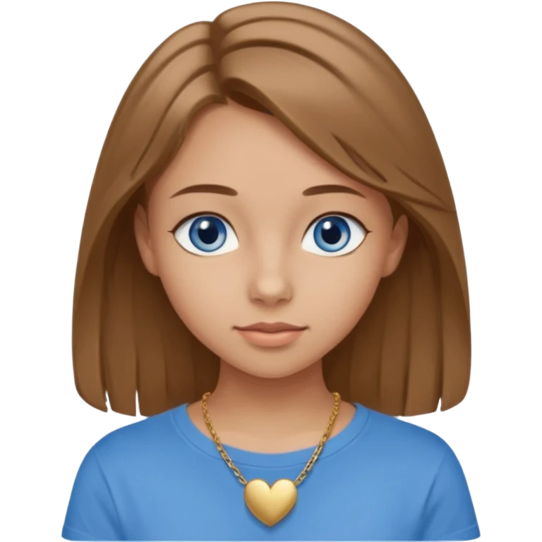 A 16-year-old girl with long, light brown hair and blue eyes. She also has slightly tanned skin, a small nose, and average-sized lips (though her lower lip is slightly larger than her upper lip). She's wearing a taupe T-shirt with a round neck and a gold necklace with a small heart on it. emoji