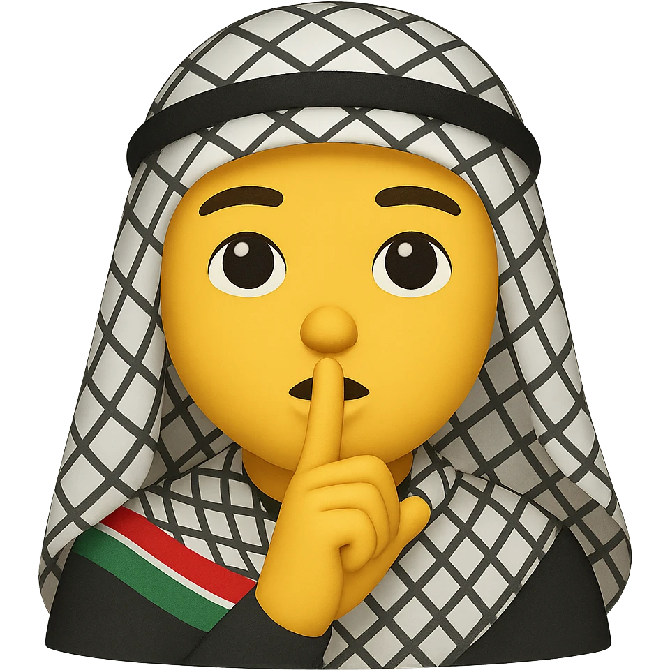emoji of a person signaling silence ('shh'), wearing a kufiya scarf, with the Palestinian flag colors subtly present in the scarf pattern, simple, clear emoji