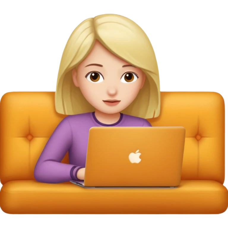 A girl is working with a laptop while lying on the sofa emoji