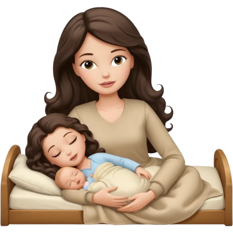 White Barbie girl dark brown long wavy hair in beige clothes sleeping with white baby at cream bed emoji