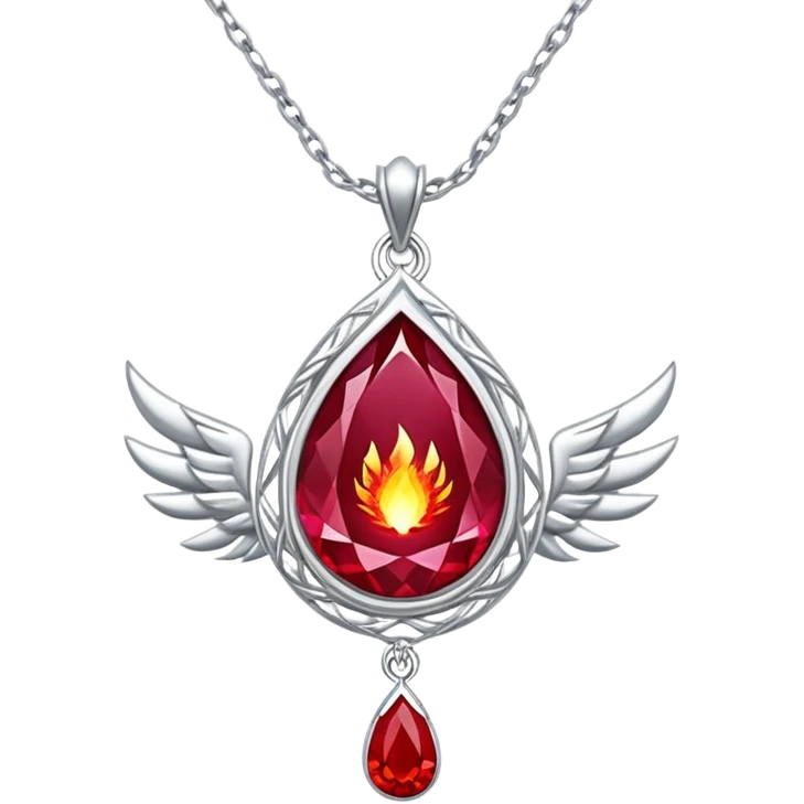 cosmic phoenix talisman: teardrop ruby radiating rebirth energy, ember edges, silver chain floating emoji