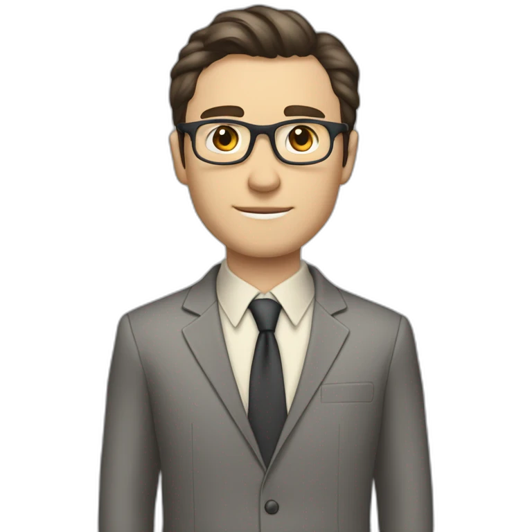 Full height Pale skinned Fit Man With dark brown hair in classic gray suit, beige office shirt, dark gray tie, and vintage glasses. His hands lock emoji