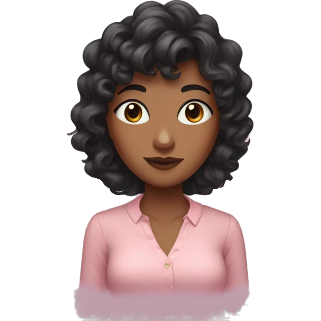 woman with long black curly hair and bangs and dark brown eyes, wearing a pastel pink blouse emoji