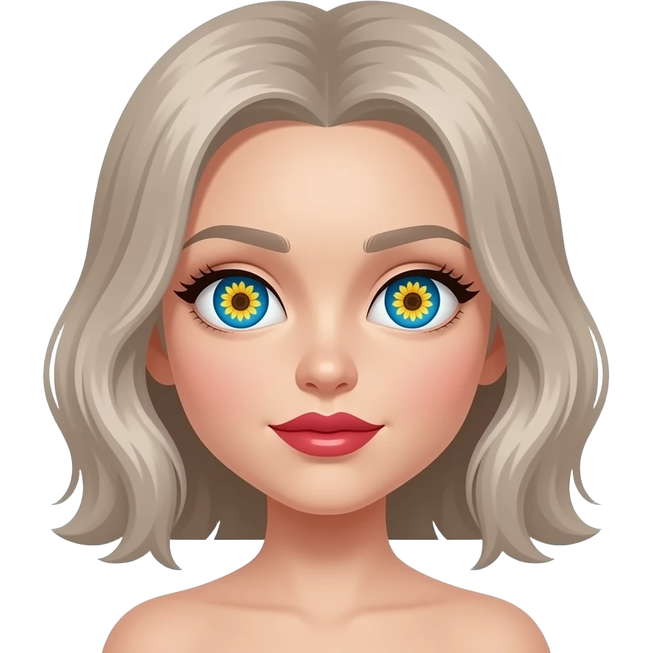 Big beautiful sunflower eyes blue eyes red  ruby lips cheekbones and ash blonde hair emoji