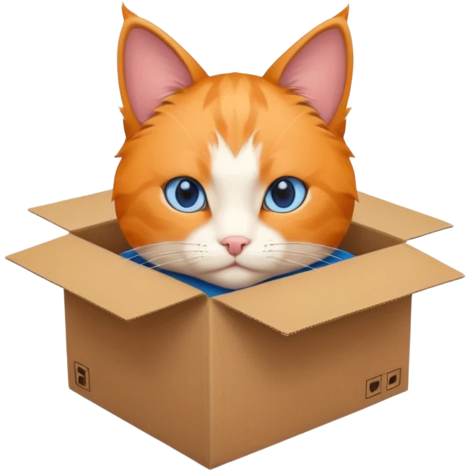 anime character cat that is orange cat, that its body is inside of a brown box. cats eyes are blue , but head is showing up. emoji