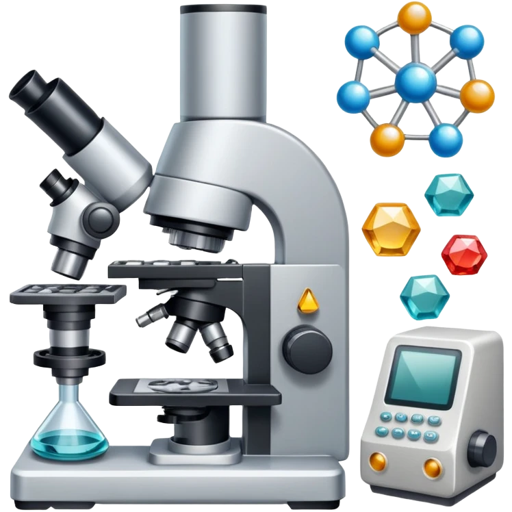 An icon featuring two-ocular electron microscope, a metal alloy, atomic structure symbols, a crystal structure. The design includes different materials like metals, ceramics and polymers, alongside a stamp representing testing and quality control. Transparent background emoji