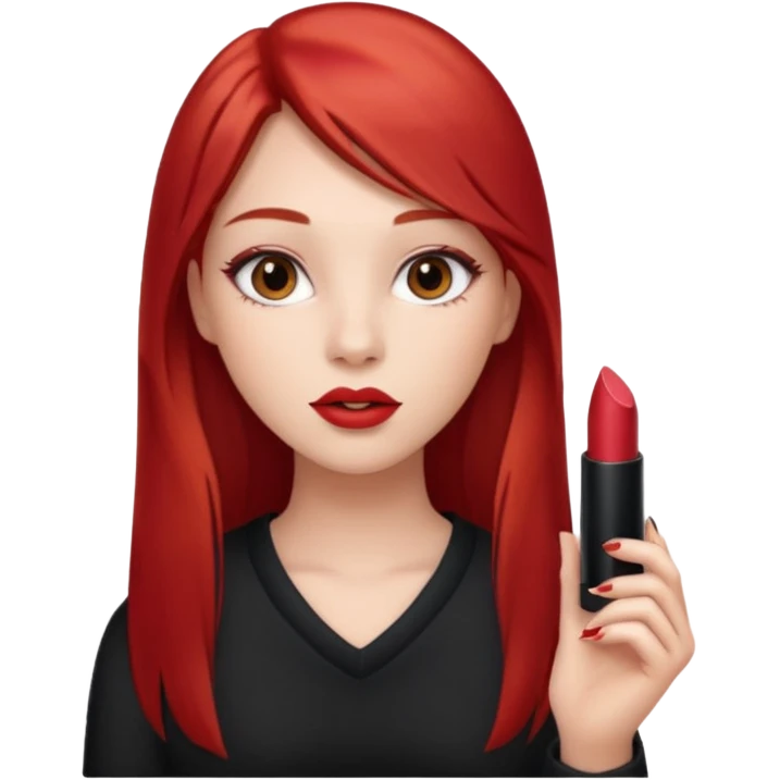 una chica con un pintalabios en la mano de 18 años, de piel blanca con el pelo liso, largo y pelirrojo, ojos marrones emoji