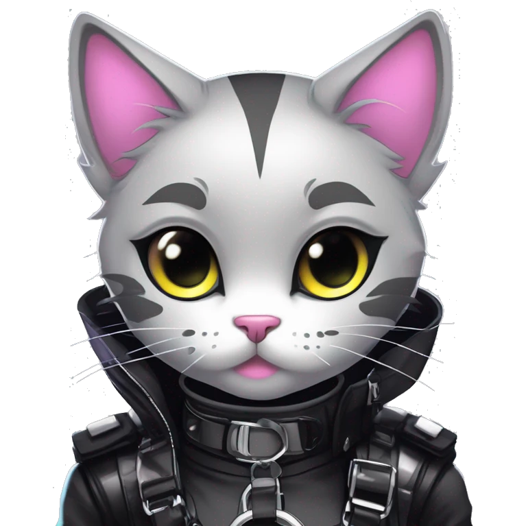 Gorgeous edgy cute shiny epic punk magical gradient gothic dark techwear anime style anthro cat with blushing face aesthetic and pretty edgy black with collar and harness trending style emoji