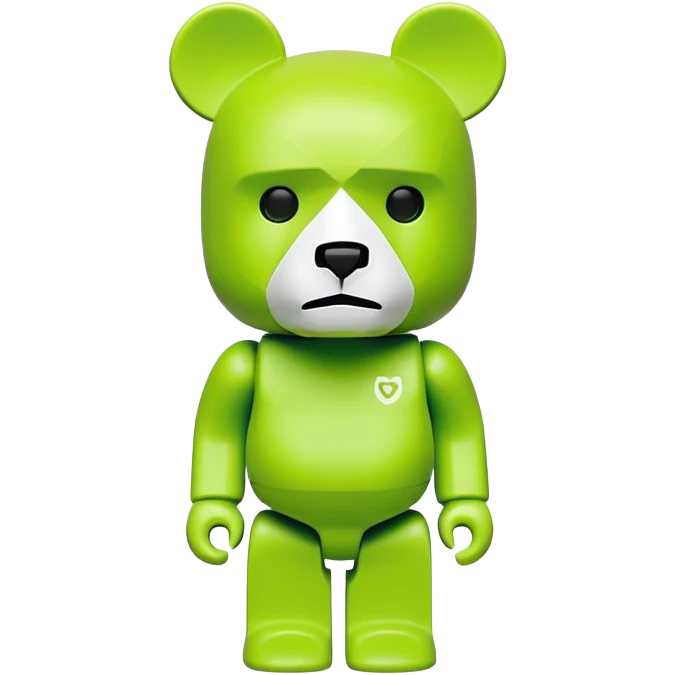 geometric bearbrick figurine with block-shaped head, lime green mask covering face except for prominent expressive eyebrows, iconic bear toy emoji