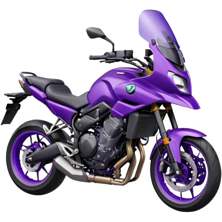 Créer un emoji avec une moto mt07 sport noir mate / violet iridescent très foncé, pare-brise de la moto violet. Avec une pilote dessus visière violet sombre visage caché . Avec fond arrière violet en arrière plan. emoji