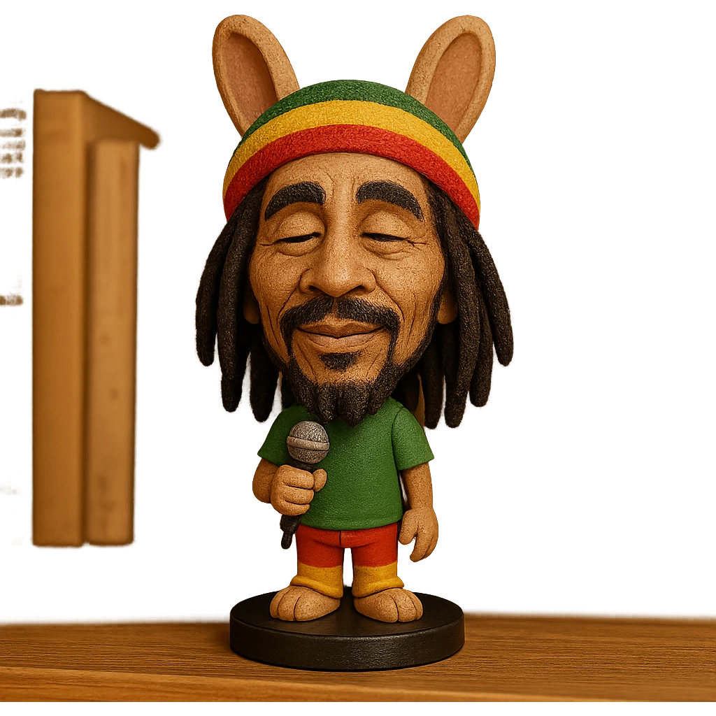 a bunny with Bob Marley's facial features, reggae colors, and a peaceful expression, holding a microphone emoji