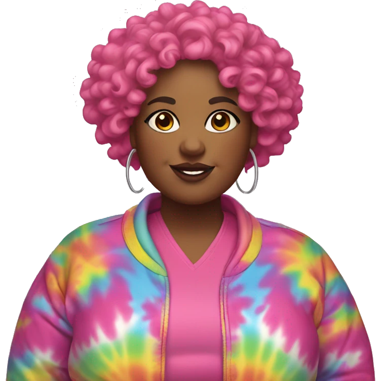 Plus size black woman with pink curly short hair and a tie dye jacket  emoji