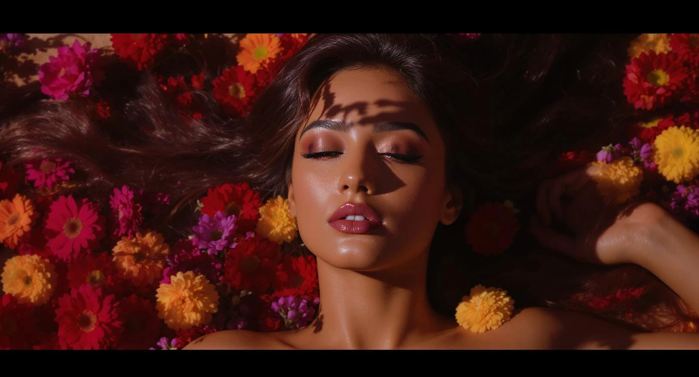 Camera drom top, Extreme Closeup photo of a beautifull woman lay around beautifull colorfull flowers, cinematic light, 8K, very detailed, sharp emoji