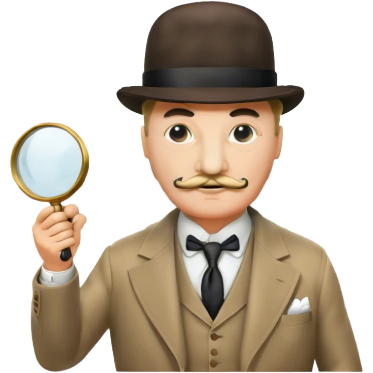 A cinematic-style frame showing Hercule Poirot in his iconic suit with a magnifying glass in a dramatic detective pose. Background should be mysterious city background and subtle clues like fingerprints or a crime scene. Transparent background. emoji
