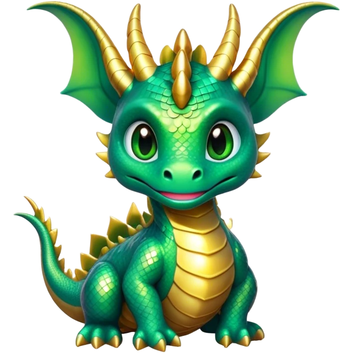 Cinematic Cute Dragon Portrait Emoji, Head tilted playfully and inquisitively, featuring a sleek, serpentine form adorned with iridescent scales that shift between emerald and gold, a delicate set of subtle horns, and round, sparkling eyes full of curious magic; rendered with realistic detail and warm natural light, high shine, affectionate and enchanting, styled with a touch of whimsical fantasy, soft glowing outline, capturing the essence of a mischievous yet lovable dragon that seems poised to slither playfully into your arms! emoji