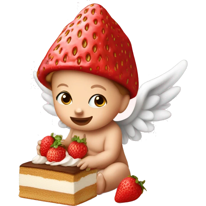 Little baby wearing a strawberry hat, with angel wings, eating tiramisu  emoji