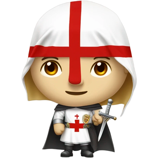 Bare headed blond haired Masonic knight Templar wearing a white tunic with a Red Cross on the front and a white mantle with a hood with a Red Cross on the left side and a male face with a red cap and holding a sword. emoji