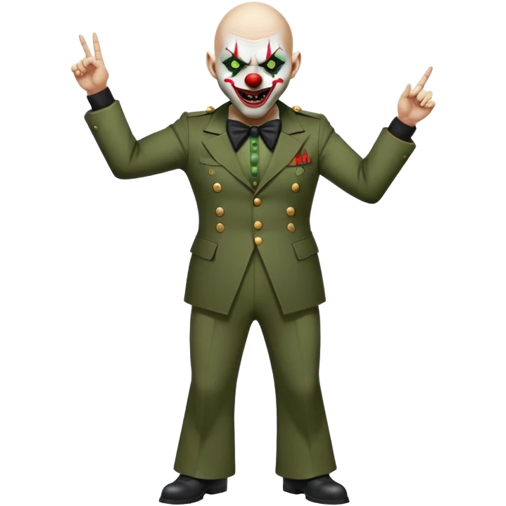evil clown, bald, short black devil horns on forehead, fangs, pointed ears, black and military green leisure suit with bellbottom pants, realistically proportioned, less bulky, full body, battle-ready, fighting posture emoji